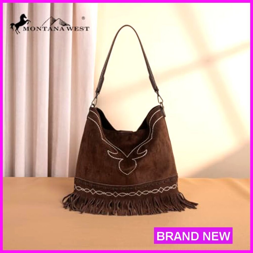 Fringe Suede Hobo Bag Designer Top Handle Shoulder Bag Western Boho Chic - Picture 3 of 6